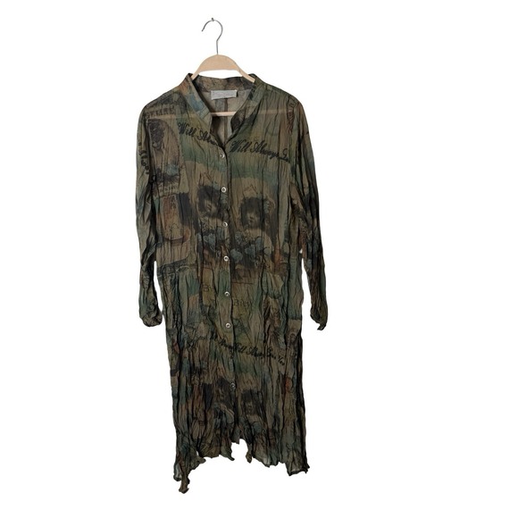Pretty Angel Tops - Pretty Angel Silk Blend tunic newspaper/silhouette print sheer button blouse M